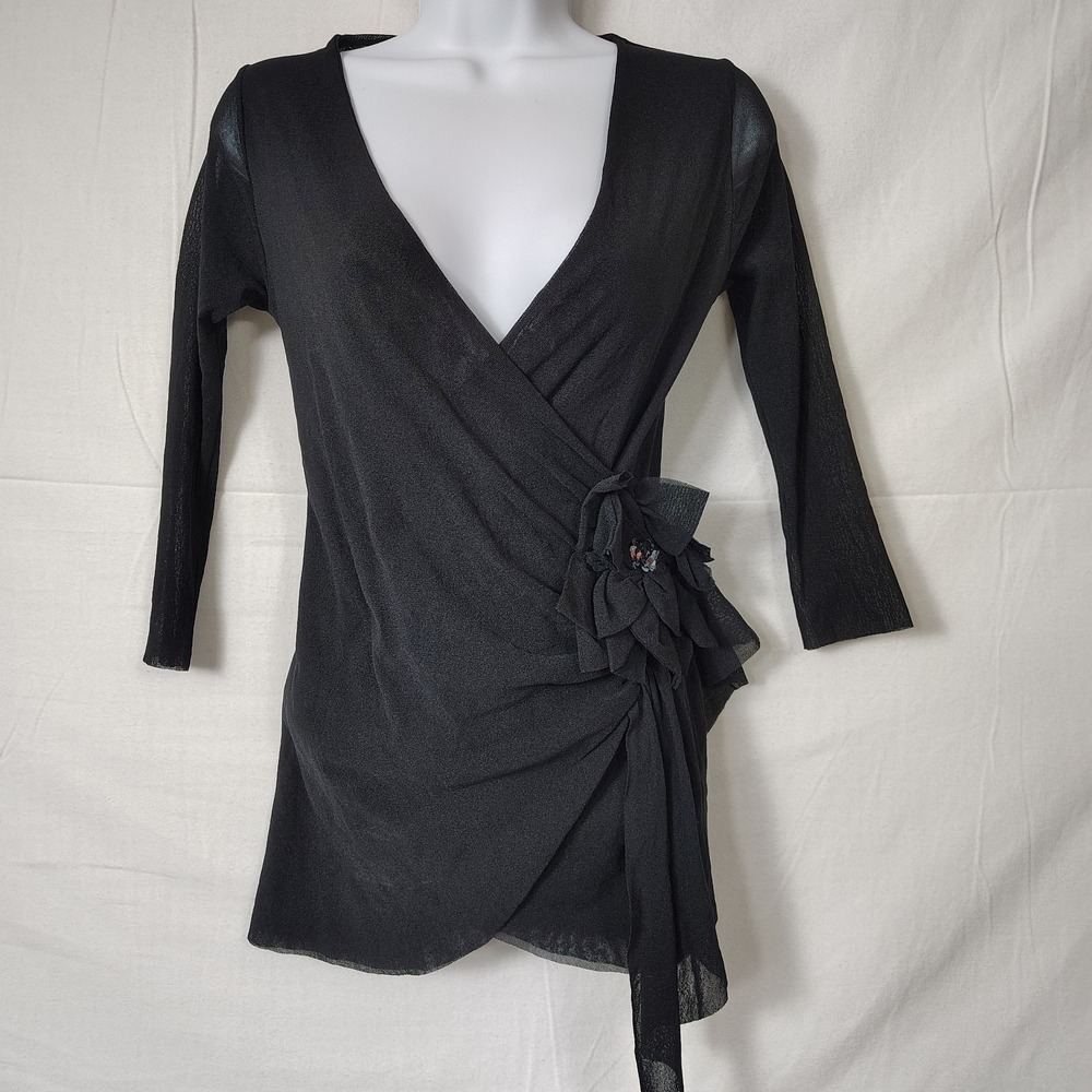 NEW Johnny Heaven Y2k Mesh Black Wrap Top Womens S 3/4 Sleeve Whimsigoth
